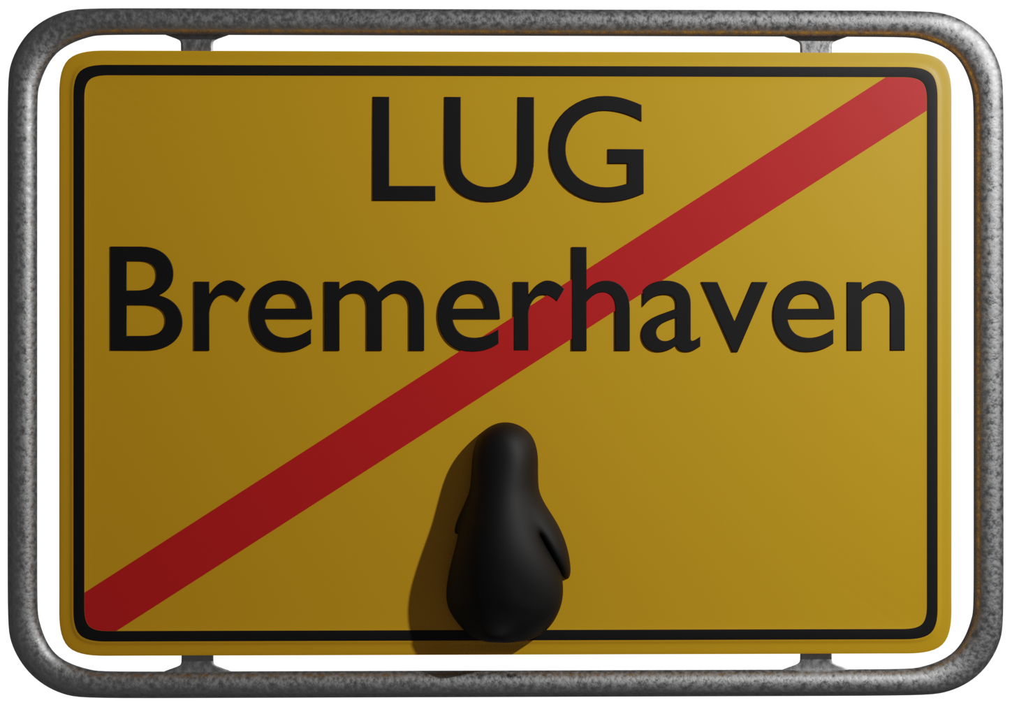 Ortsschild mit dem Text LUG Bremerhaven und einem sitzenden Pinguin - Rückseite
       